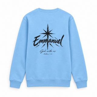 Emmanuel Matthew 1:23 Christmas Sweatshirt Backprint Babyblau