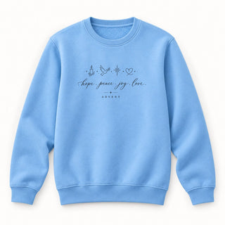 Hope Peace Joy Love Advent Christmas Sweatshirt Babyblau