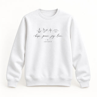 Hope Peace Joy Love Advent Christmas Sweatshirt Weiß