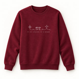 It All Started in a Manger Christmas Sweatshirt Burgunder