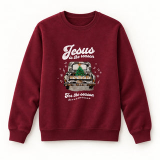 Jesus is the Reason Truck Christmas Sweatshirt Burgunder