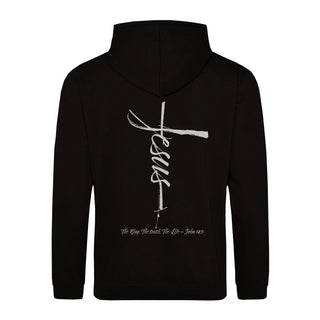 Jesus Cross Hoodie BackPrint Detailansicht, Mountain Movers christliche Streetwear