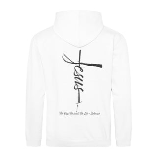Jesus Cross Hoodie BackPrint Detailansicht, Mountain Movers christliche Streetwear