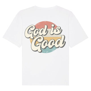God Is Good Retro Circle Oversized Shirt Backprint Detailansicht, Mountain Movers christliche Streetwear