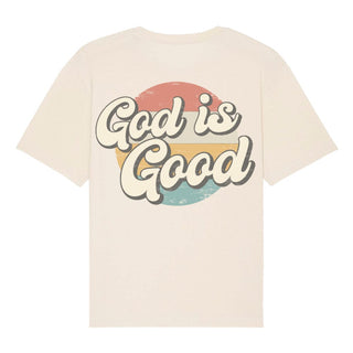 God Is Good Retro Circle Oversized Shirt Backprint Detailansicht, Mountain Movers christliche Streetwear