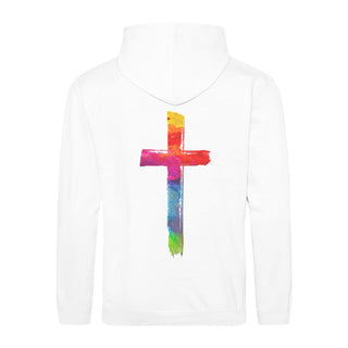 Farbiges Kreuz Hoodie BackPrint Variante, Mountain Movers christliches Design