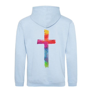 Farbiges Kreuz Hoodie BackPrint Detailansicht, Mountain Movers christliche Streetwear