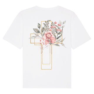 Golden Cross Aquarell Oversized Shirt BackPrint Detailansicht, Mountain Movers christliche Streetwear