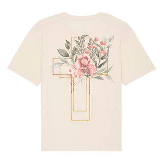 Golden Cross Aquarell Oversized Shirt BackPrint Detailansicht, Mountain Movers christliche Streetwear