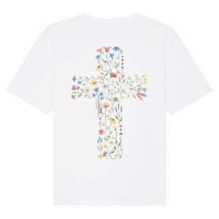 Flower Cross Oversized Shirt BackPrint Detailansicht, Mountain Movers christliche Streetwear