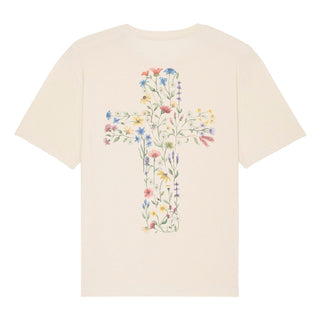 Flower Cross Oversized Shirt BackPrint Detailansicht, Mountain Movers christliche Streetwear