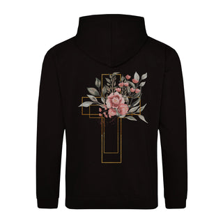 Golden Cross Aquarell Hoodie BackPrint Detailansicht, Mountain Movers christliche Streetwear