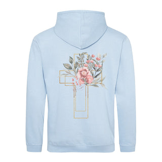 Golden Cross Aquarell Hoodie BackPrint Detailansicht, Mountain Movers christliche Streetwear