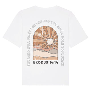 Exodus 14:14 Oversized Shirt BackPrint Detailansicht, Mountain Movers christliche Streetwear