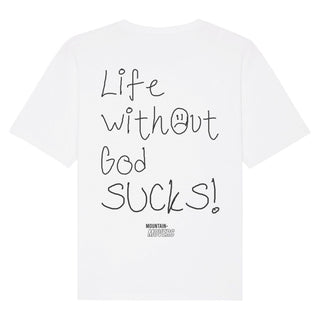 Life without God sucks Oversized Shirt BackPrint Detailansicht, Mountain Movers christliche Streetwear