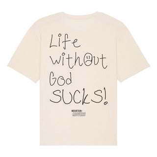Life without God sucks Oversized Shirt BackPrint Detailansicht, Mountain Movers christliche Streetwear