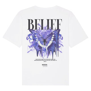 Belief Streetwear Oversized Shirt Front- und BackPrint Detailansicht, Mountain Movers christliche Streetwear