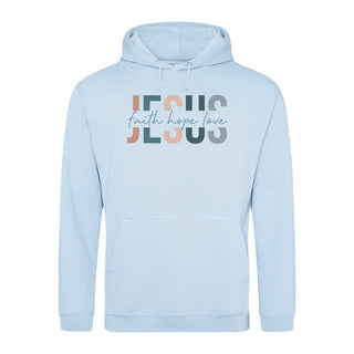 Jesus (Faith Hope Love) Hoodie Detailansicht, Mountain Movers christliche Streetwear
