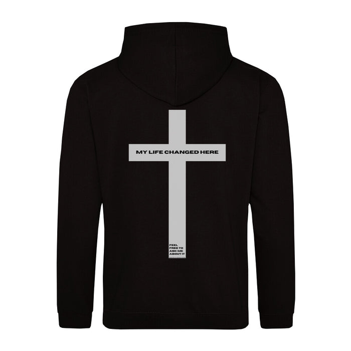 Mijn leven veranderde hier Hoodie Rugprint