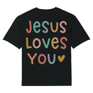 Jesus loves you pastell Oversized Shirt BackPrint Variante, Mountain Movers christliches Design