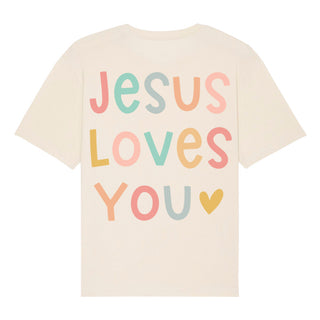 Jesus loves you pastell Oversized Shirt BackPrint Detailansicht, Mountain Movers christliche Streetwear
