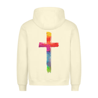 Farbiges Kreuz Hoodie BackPrint Detailansicht, Mountain Movers christliche Streetwear