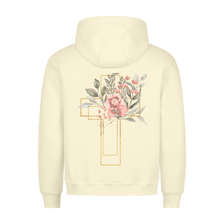 Golden Cross Aquarell Hoodie BackPrint Detailansicht, Mountain Movers christliche Streetwear