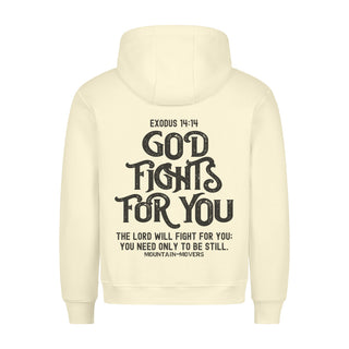 God Fights for you Hoodie BackPrint Detailansicht, Mountain Movers christliche Streetwear