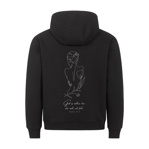 God zit in haar Hoodie Rugprint