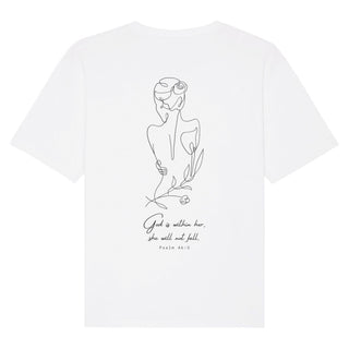 God is within her lineart Oversized Shirt BackPrint Detailansicht, Mountain Movers christliche Streetwear