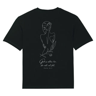 God is within her lineart Oversized Shirt BackPrint Variante, Mountain Movers christliches Design