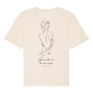 God is within her lineart Oversized Shirt BackPrint Detailansicht, Mountain Movers christliche Streetwear