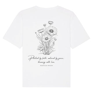 Planted by Faith Sketch Oversized Shirt BackPrint Detailansicht, Mountain Movers christliche Streetwear