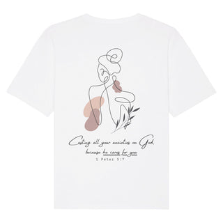 He cares for you Oversized Shirt BackPrint Detailansicht, Mountain Movers christliche Streetwear