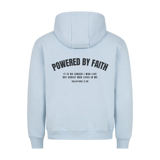 Powered by Faith Gym Hoodie BackPrint Detailansicht, Mountain Movers christliche Streetwear