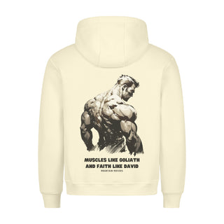 Muscles like Goliath Gym Hoodie BackPrint Detailansicht, Mountain Movers christliche Streetwear