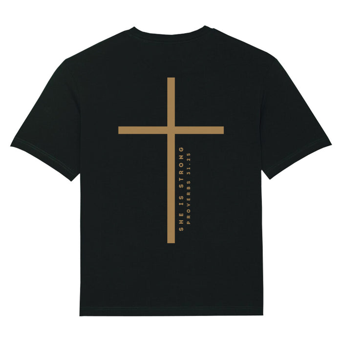 Ze is een sterke sportschool oversized T-shirt met print op de achterkant