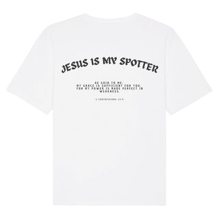 Jesus is my Spotter Gym Oversized Shirt BackPrint Detailansicht, Mountain Movers christliche Streetwear