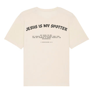 Jesus is my Spotter Gym Oversized Shirt BackPrint Detailansicht, Mountain Movers christliche Streetwear