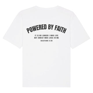 Powered by Faith Gym Oversized Shirt BackPrint Detailansicht, Mountain Movers christliche Streetwear