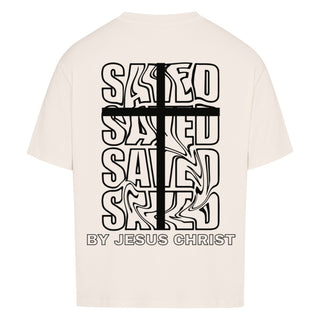 Saved by Jesus Premium Oversized T-Shirt BackPrint, Vorderansicht