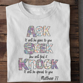 Ask Seek Knock T-Shirt weiß, Mountain Movers christliche Streetwear