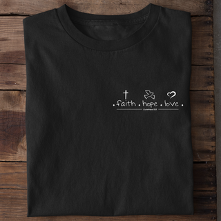 Faith Hope Love T-Shirt getragen, Mountain Movers christliche Mode
